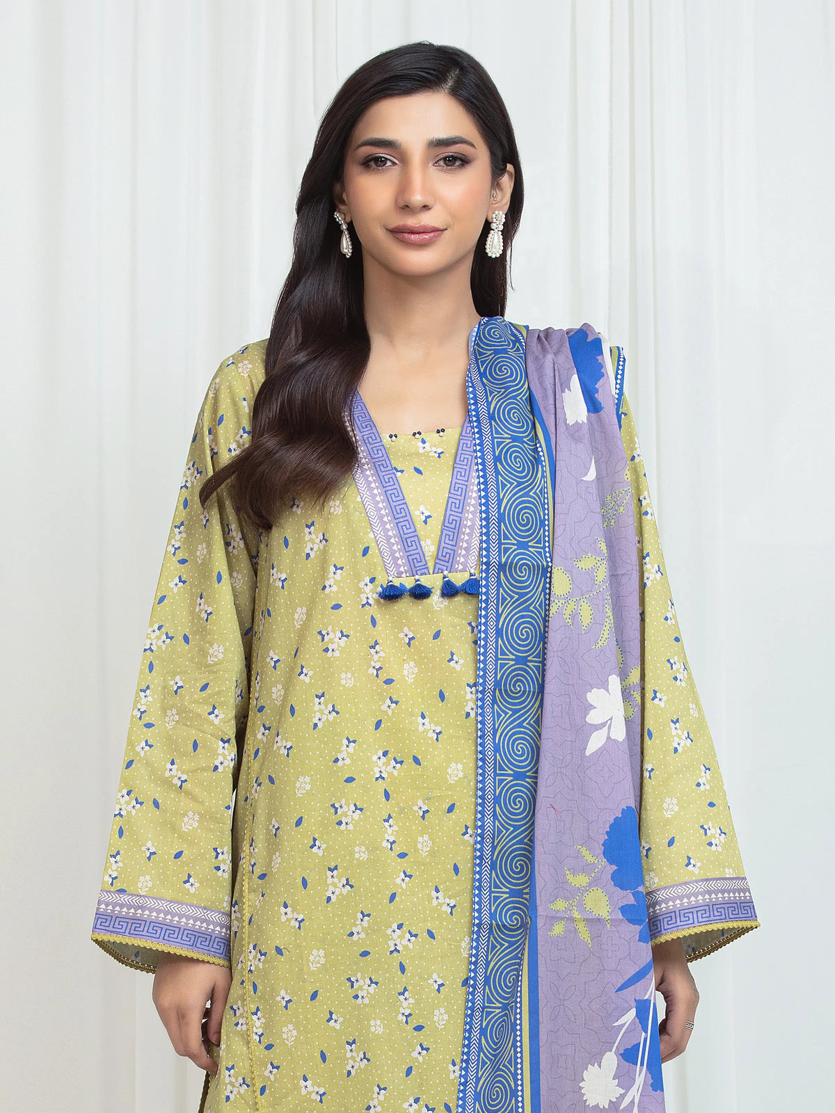 Edenrobe Allure Green Lawn 3-Piece Suit | EWU6A1-36753-3P