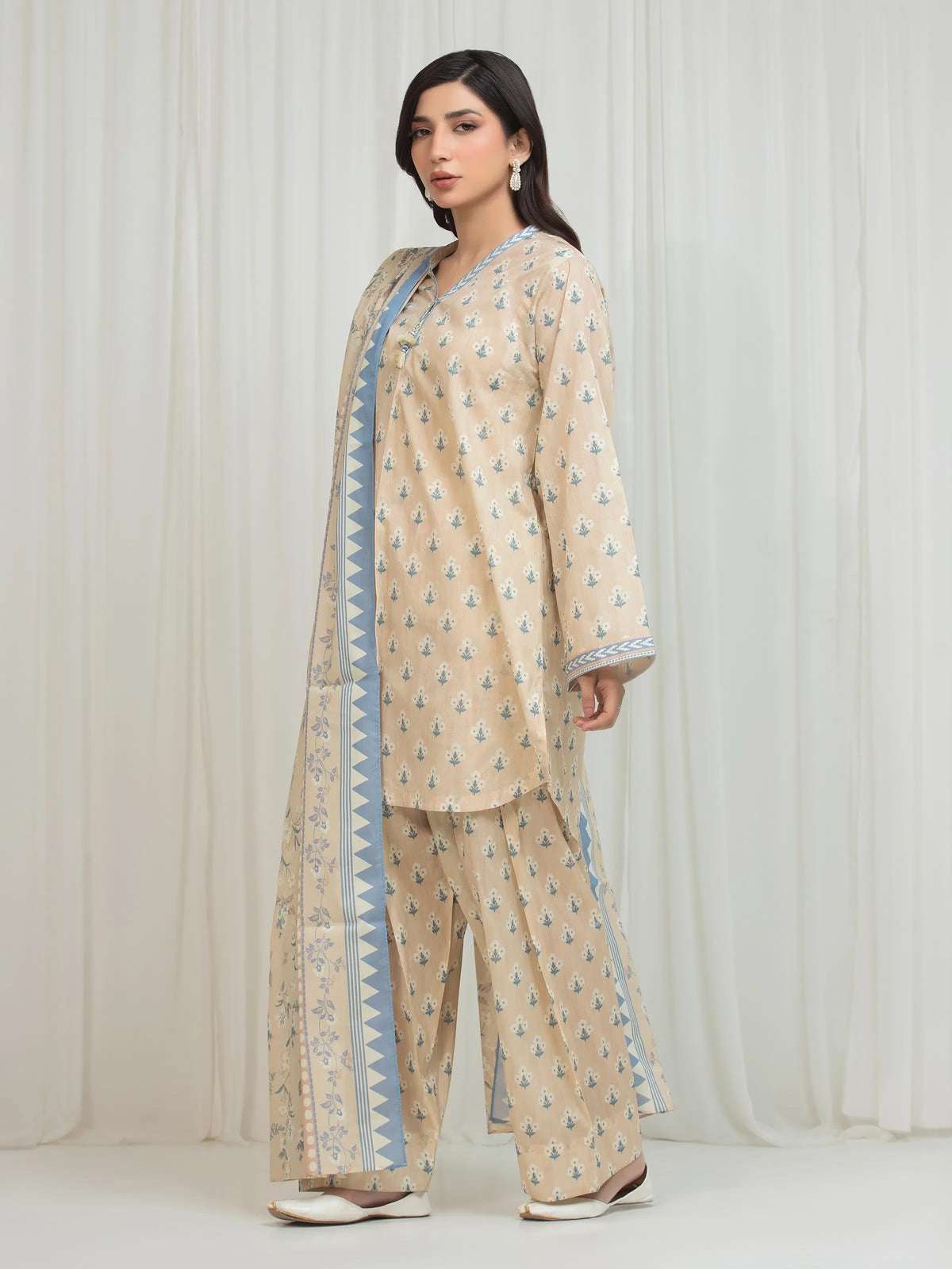 Edenrobe Allure Beige Lawn 3-Piece Suit | EWU6A1-36751-3P