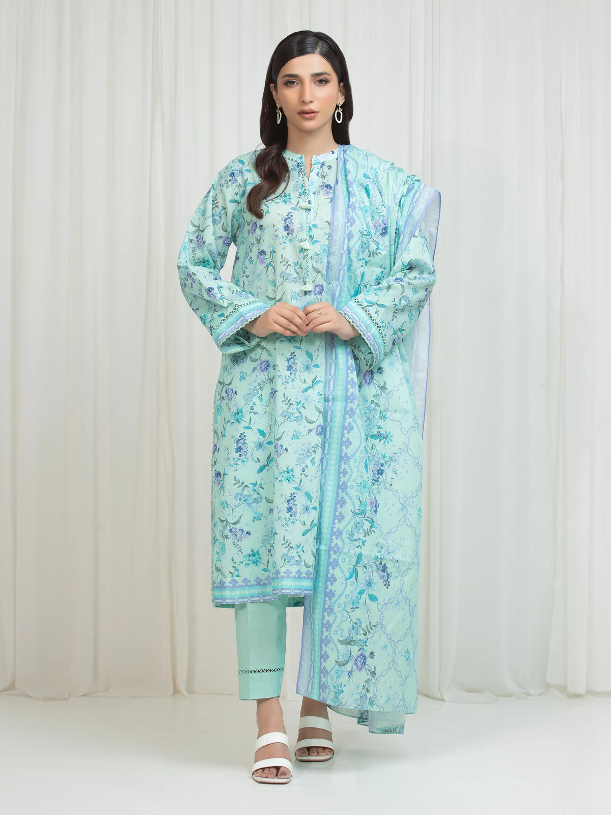Edenrobe Allure Green Lawn 3-Piece Suit | EWU6A1-36674-3P