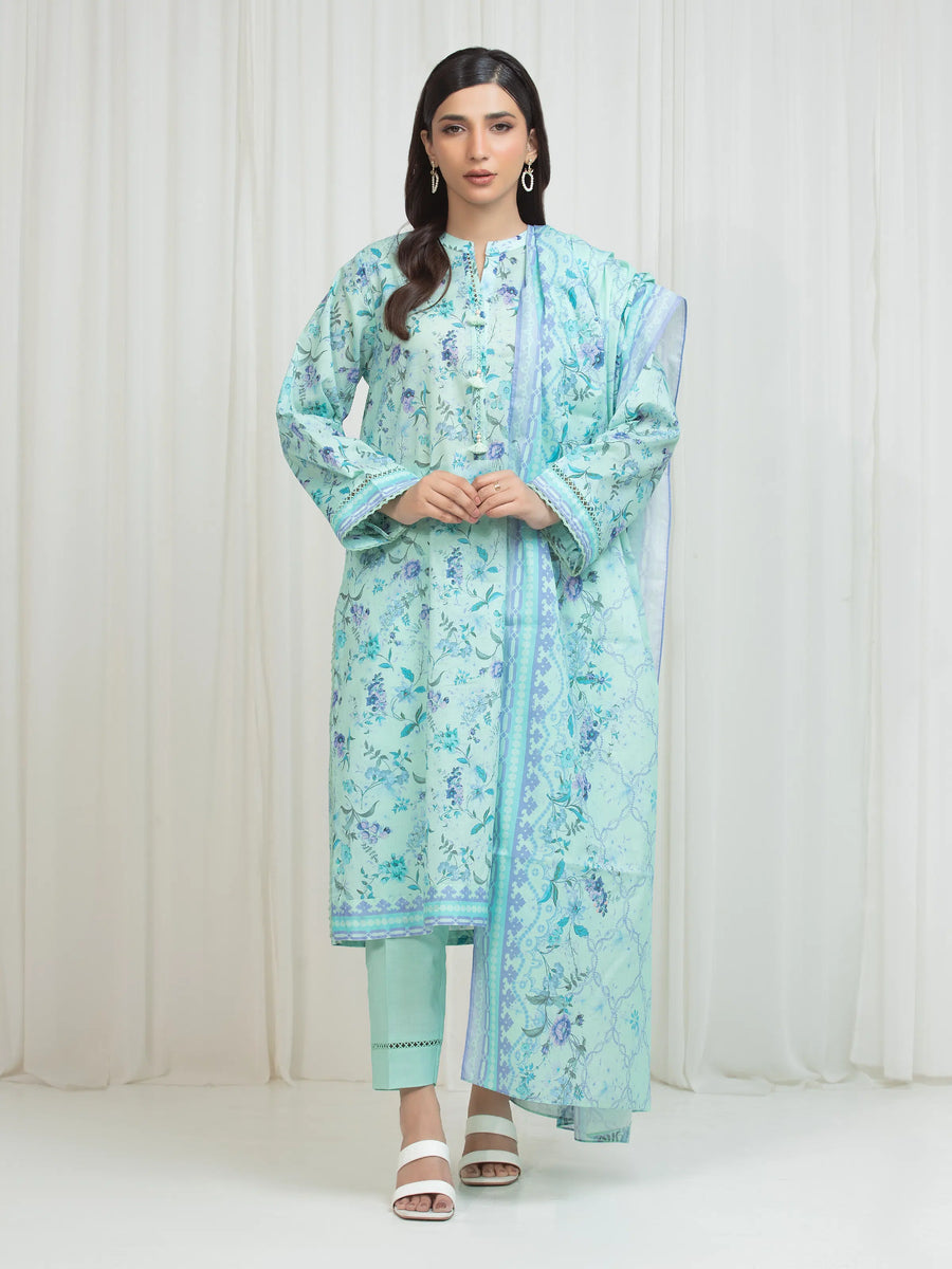 Edenrobe Allure Green Lawn 3-Piece Suit | EWU6A1-36674-3P