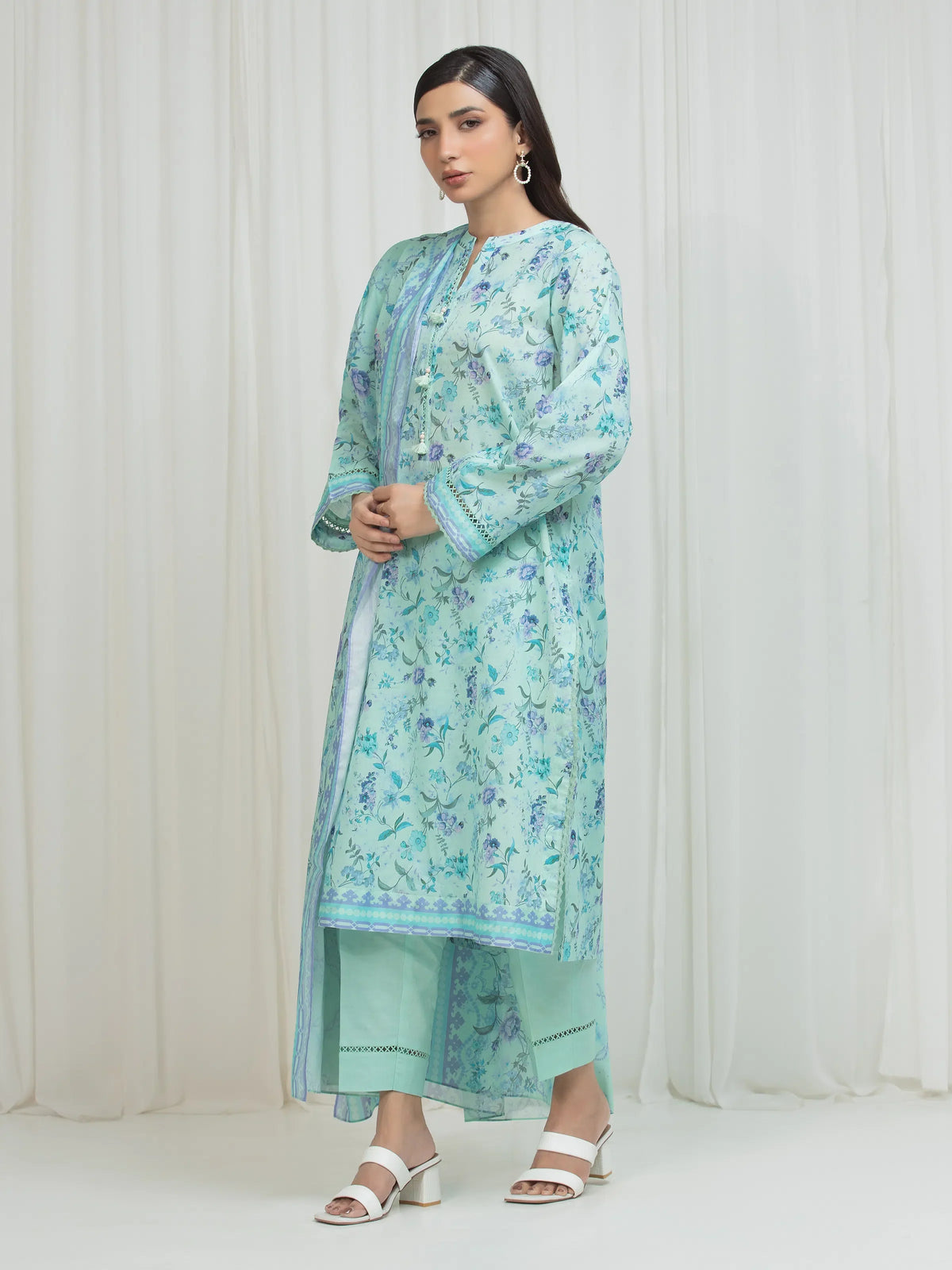 Edenrobe Allure Green Lawn 3-Piece Suit | EWU6A1-36674-3P