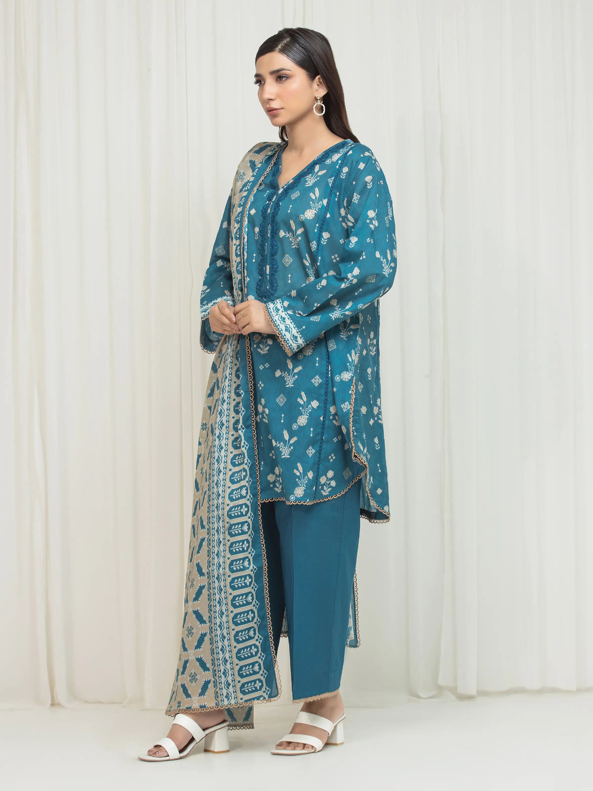 Edenrobe Allure Turquoise Lawn 3-Piece Suit | EWU6A1-36673-3P