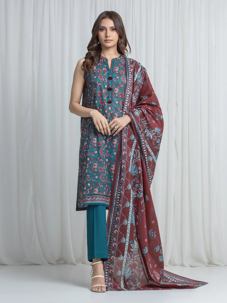 Edenrobe Allure Teal Khaddar 3-Piece Suit | EWU6A3-37021-3P