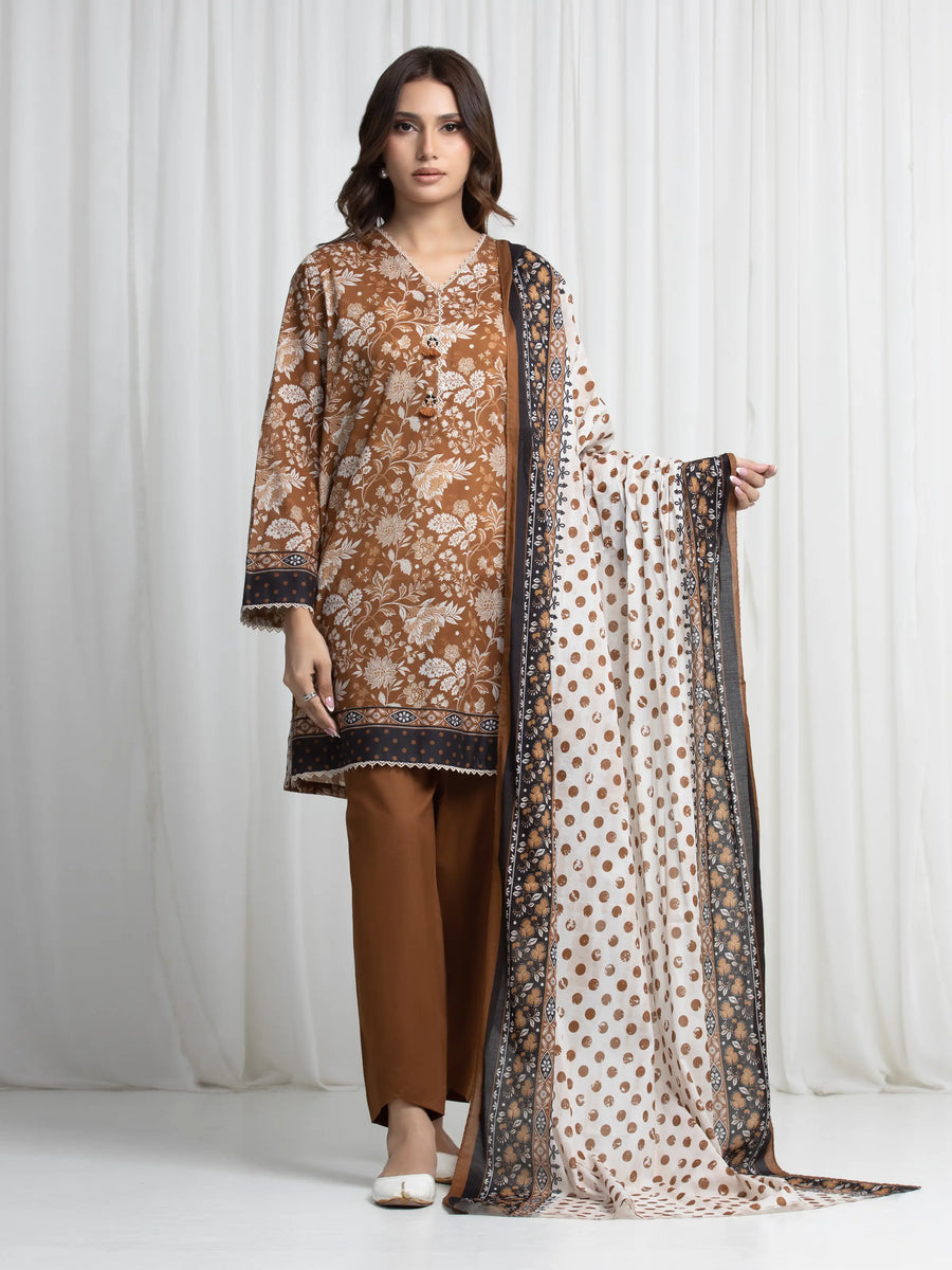 Edenrobe Allure Bronze Khaddar 3-Piece Suit | EWU6A3-37025-3P