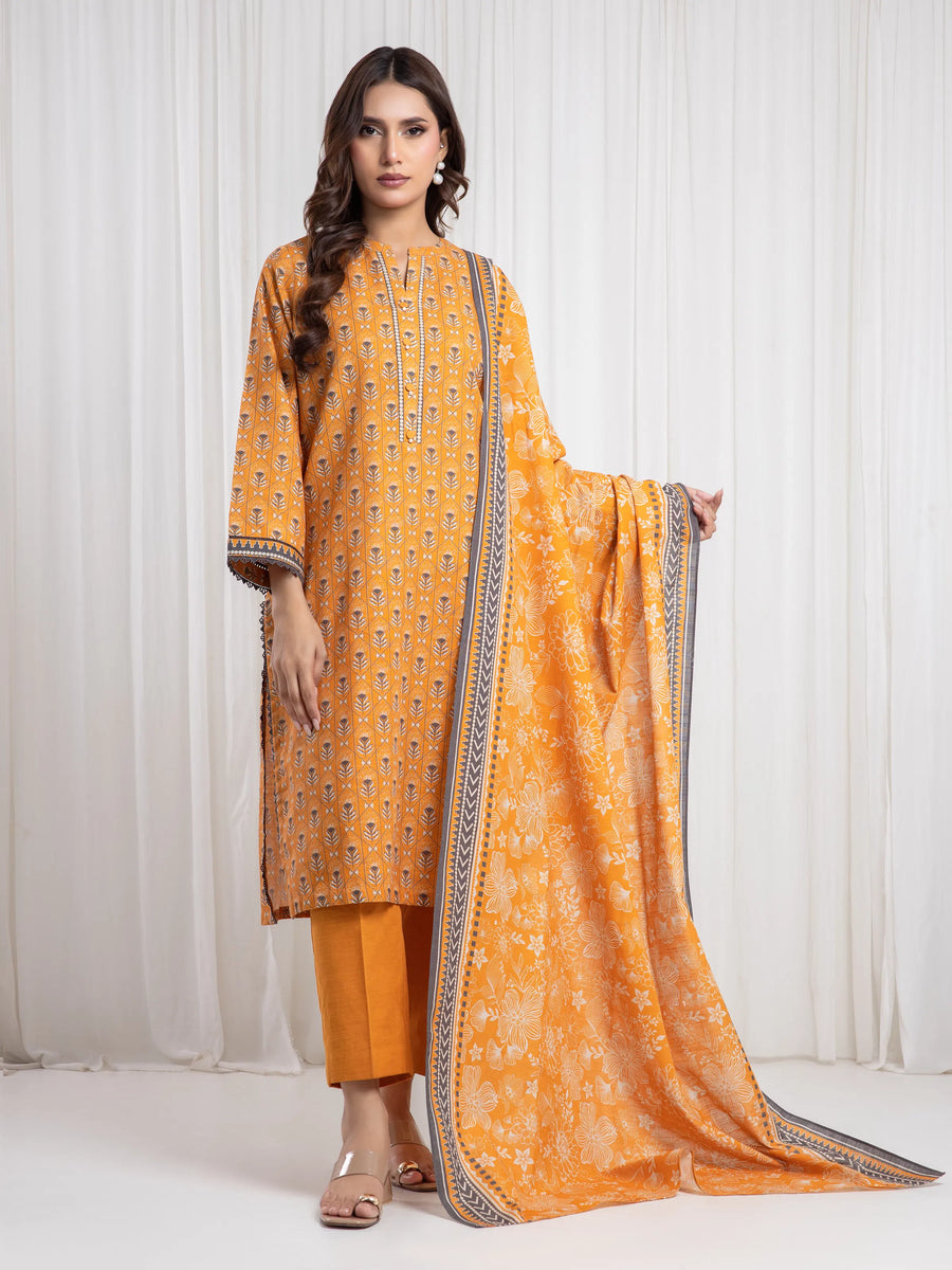 Edenrobe Allure Orange Khaddar 3-Piece Suit | EWU6A3-37084-3P