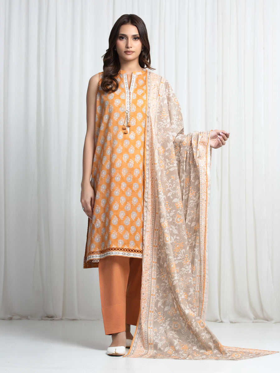 Edenrobe Allure Orange Khaddar 3-Piece Suit | EWU6A3-37019-3P