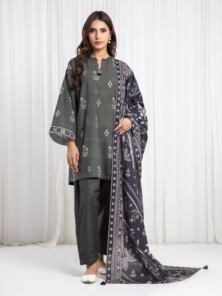 Edenrobe Allure Green Khaddar 3-Piece Suit | EWU6A3-37082-3P