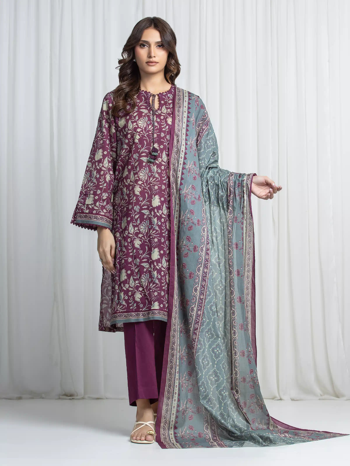Edenrobe Allure Magenta Khaddar 3-Piece Suit | EWU6A3-37022-3P