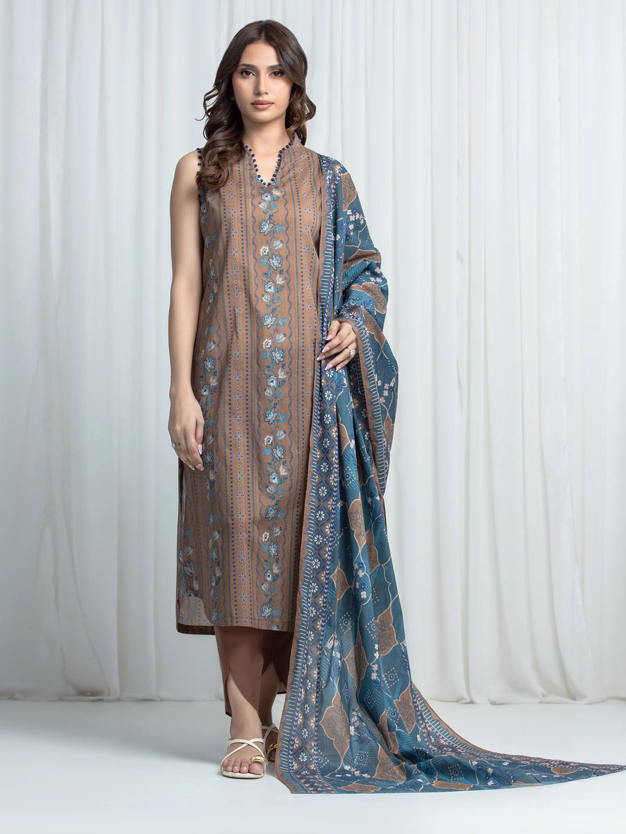 Edenrobe Allure Brown Khaddar 3-Piece Suit | EWU6A3-37012-3P
