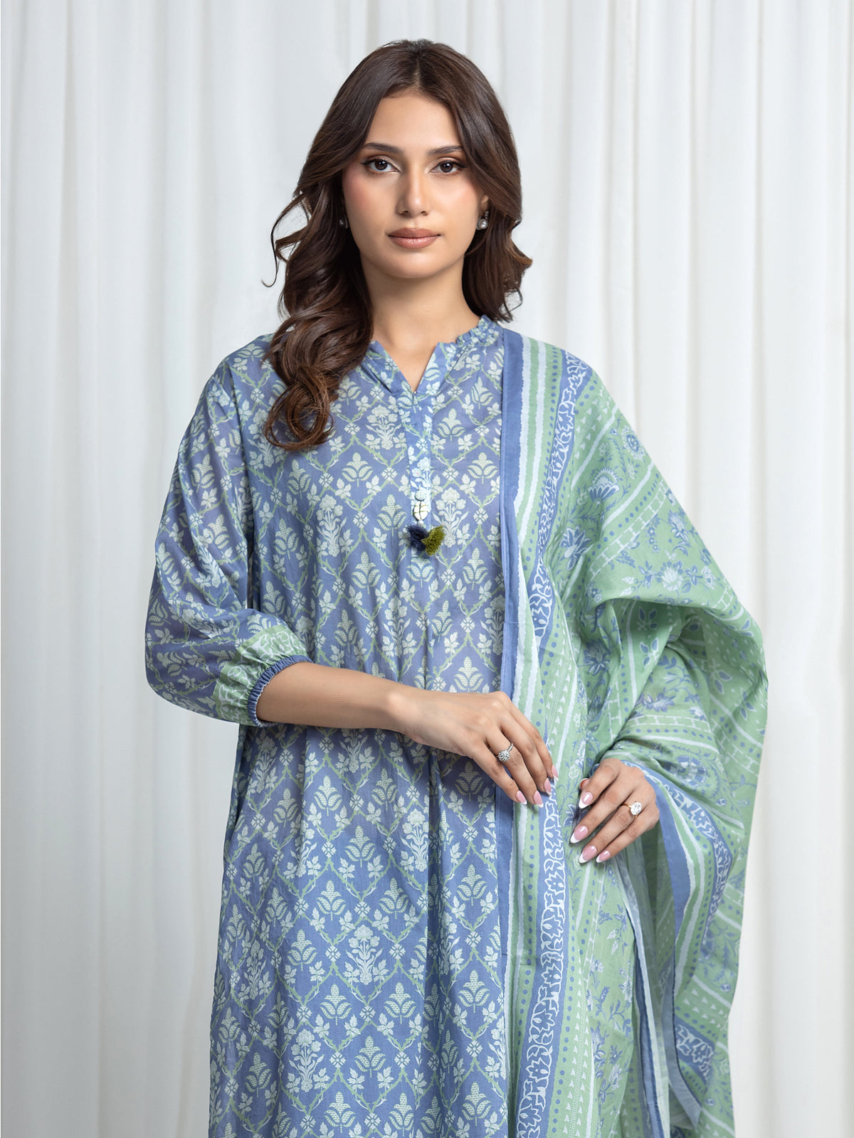 Edenrobe Allure Blue Khaddar 3-Piece Suit | EWU6A3-37027-3P