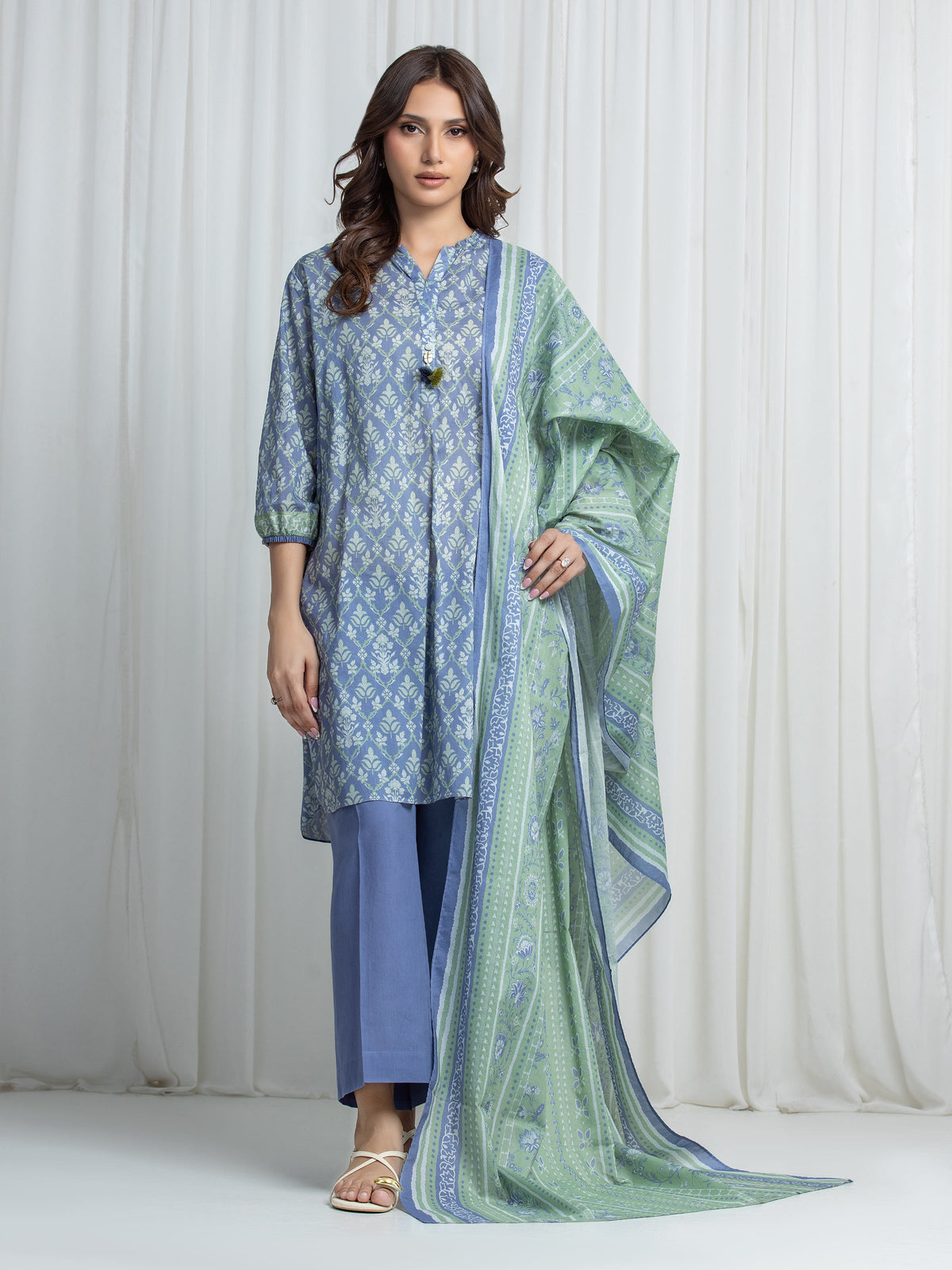 Edenrobe Allure Blue Khaddar 3-Piece Suit | EWU6A3-37027-3P
