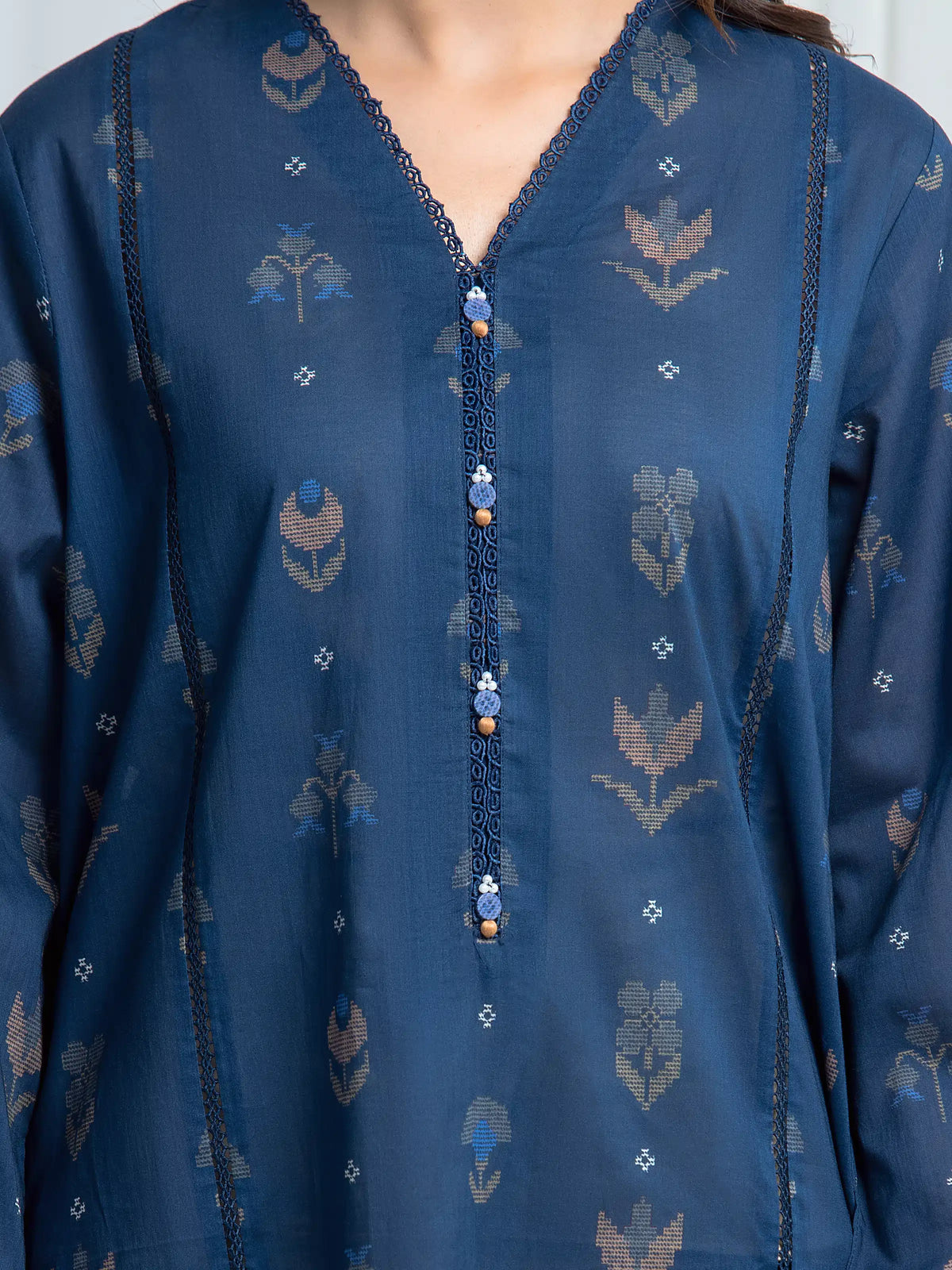 Edenrobe Allure Navy Khaddar 3-Piece Suit | EWU6A3-37017-3P
