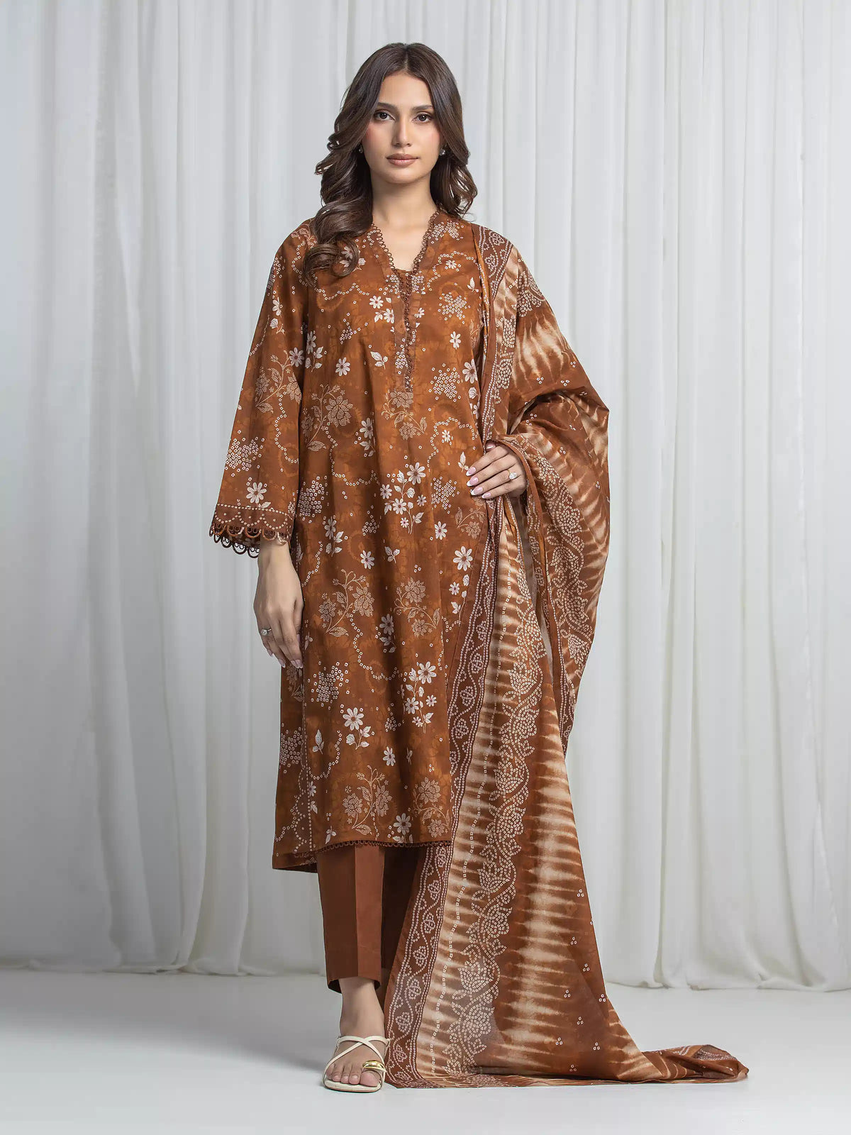 Edenrobe Allure Brown Khaddar 3-Piece Suit | EWU6A3-37013-3P