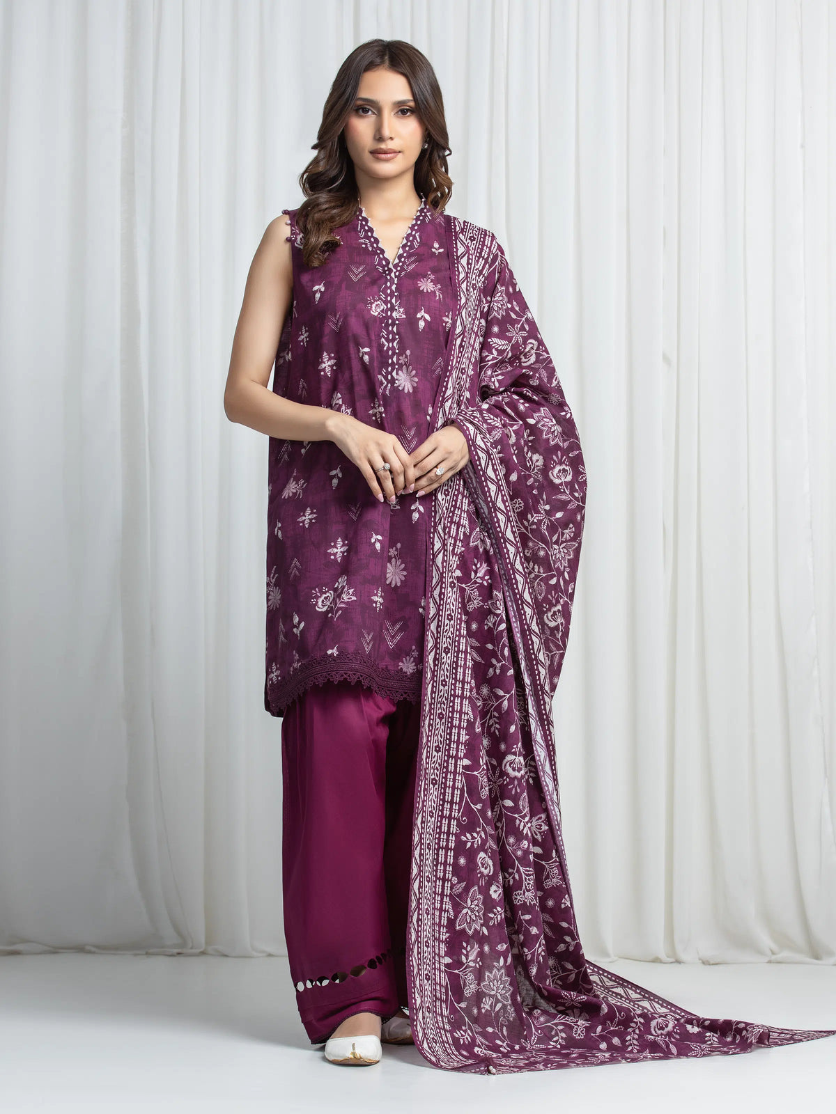 Edenrobe Allure Magenta Khaddar 3-Piece Suit | EWU6A3-37020-3P