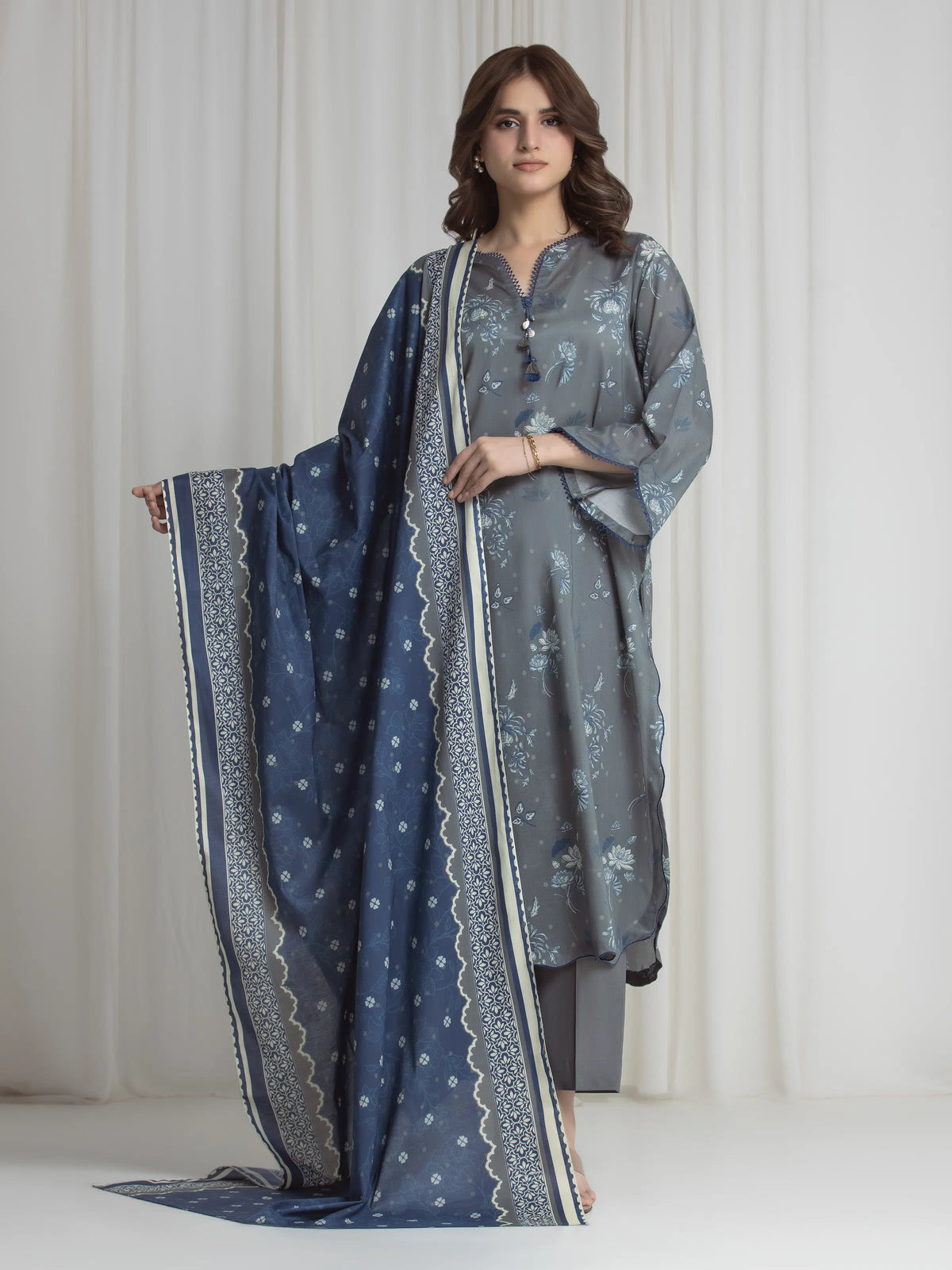 Edenrobe Allure Grey Lawn 3-Piece Suit | EWU6A1-36728-3P