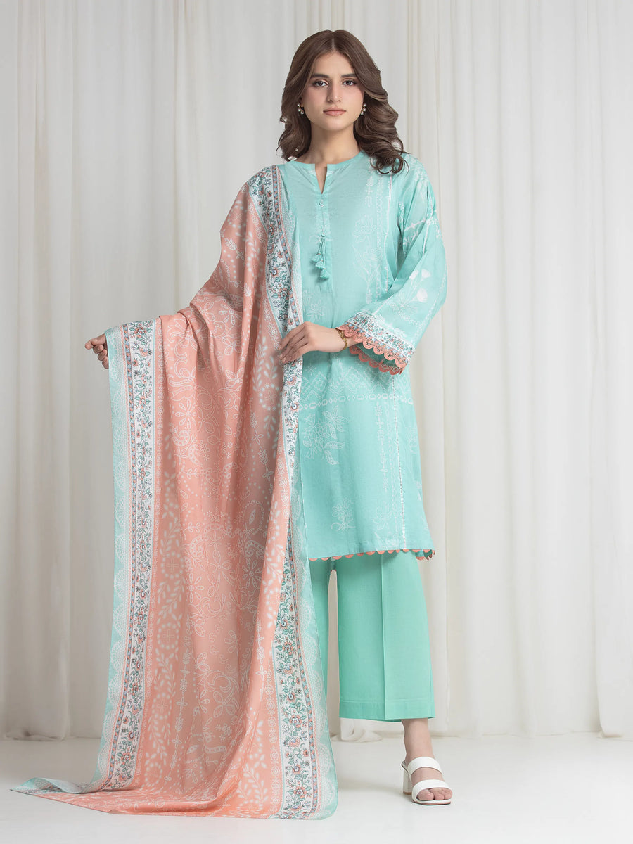 Edenrobe Allure Green Lawn 3-Piece Suit | EWU6A1-36733-3P