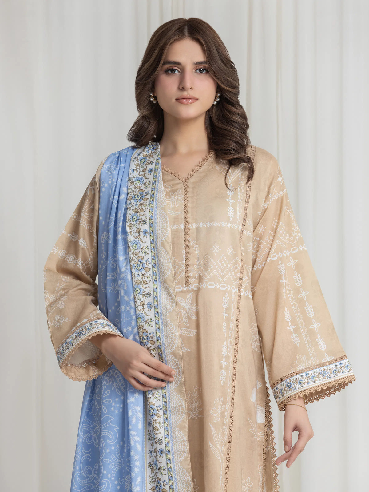 Edenrobe Allure Beige Lawn 3-Piece Suit | EWU6A1-36734-3P