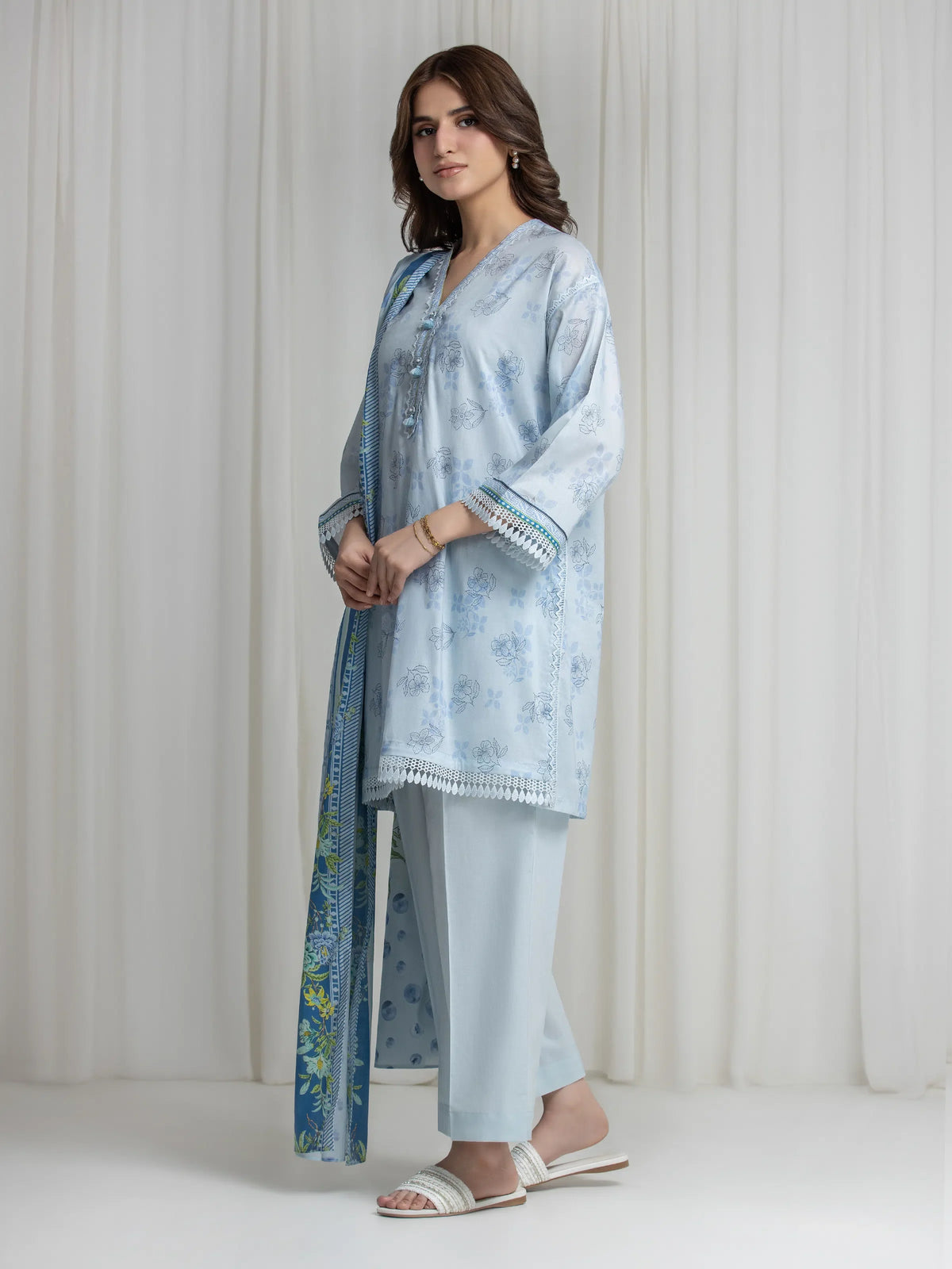 Edenrobe Allure Blue Lawn 3-Piece Suit | EWU6A1-36737-3P