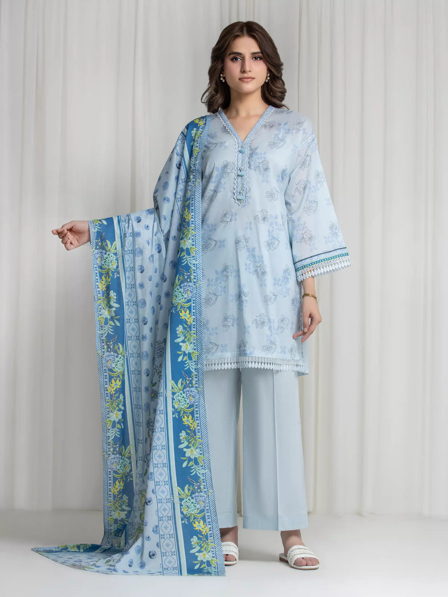 Edenrobe Allure Blue Lawn 3-Piece Suit | EWU6A1-36737-3P