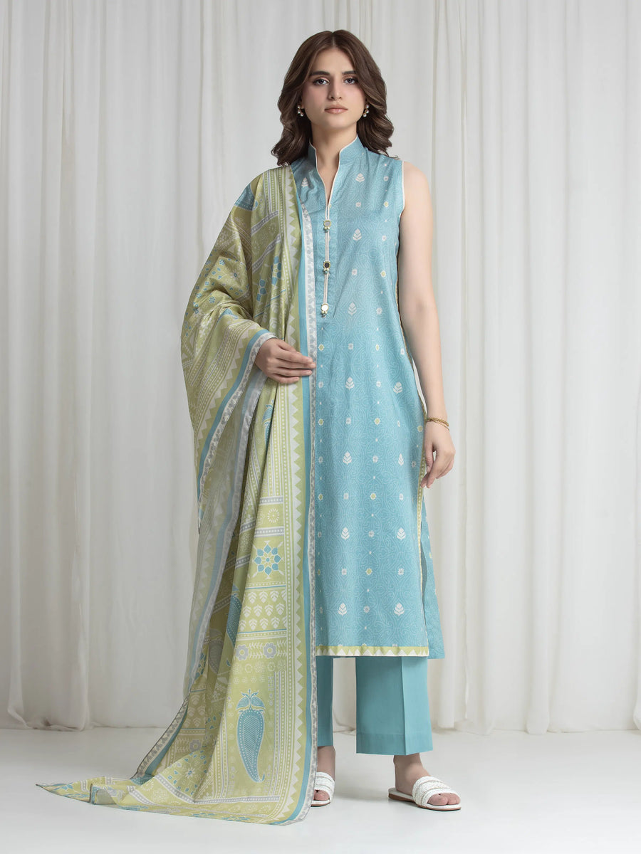Edenrobe Allure Turquoise Lawn 3-Piece Suit | EWU6A1-36735-3P