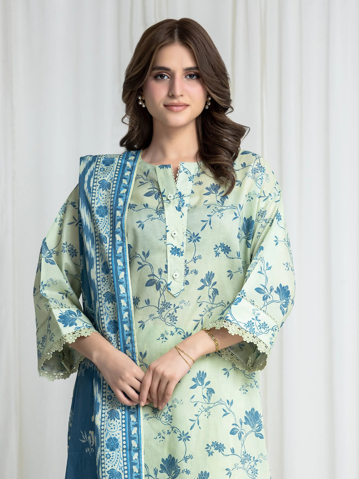 Edenrobe Allure Ivory Green Lawn 3-Piece Suit | EWU6A1-36727-3P