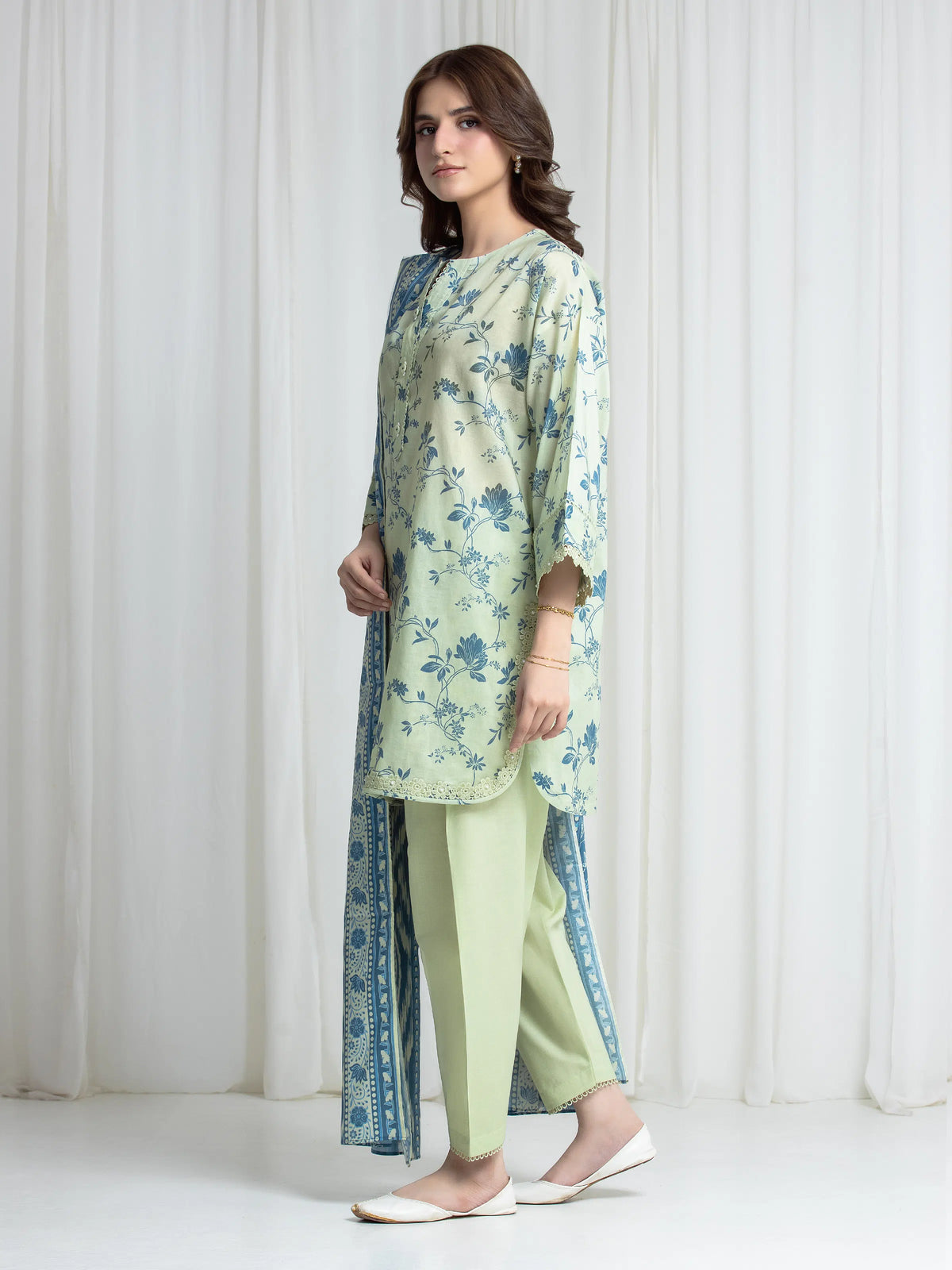 Edenrobe Allure Ivory Green Lawn 3-Piece Suit | EWU6A1-36727-3P