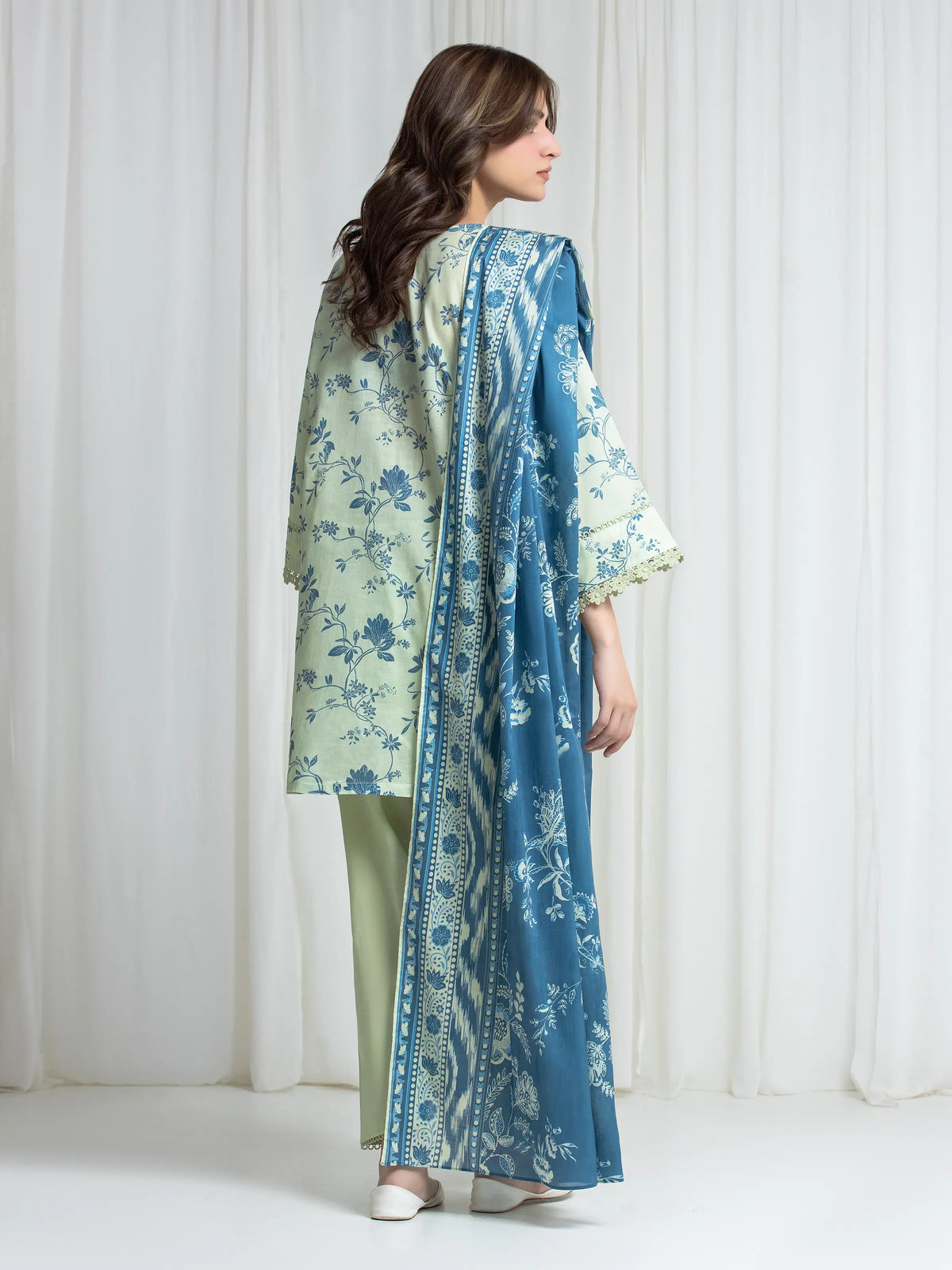 Edenrobe Allure Ivory Green Lawn 3-Piece Suit | EWU6A1-36727-3P