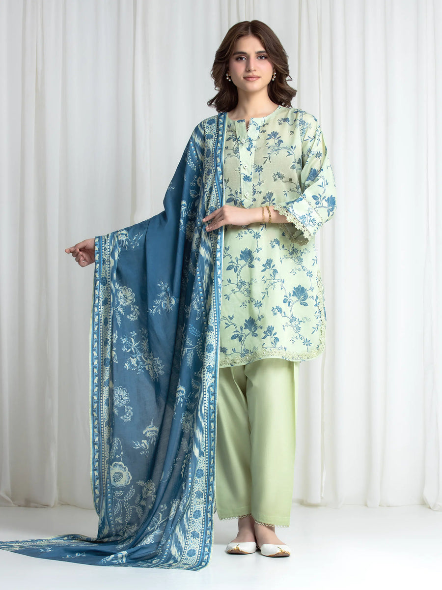Edenrobe Allure Ivory Green Lawn 3-Piece Suit | EWU6A1-36727-3P