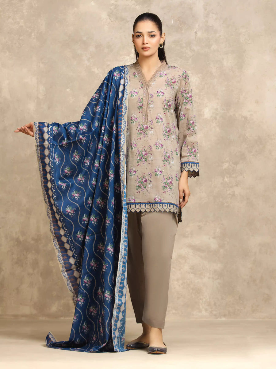 Edenrobe Allure Beige Lawn 3-Piece Suit | EWU6A1-36558-3P