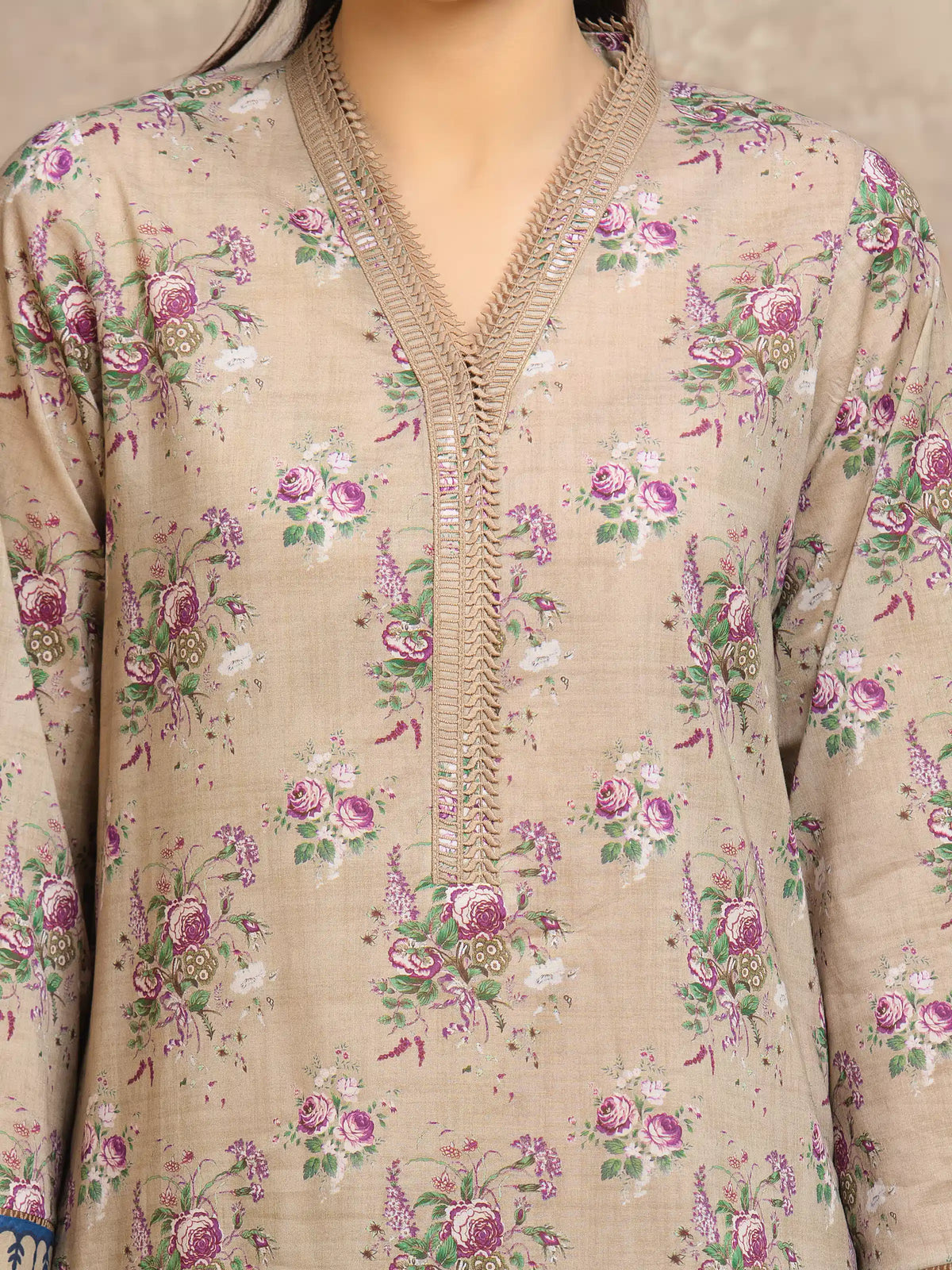 Edenrobe Allure Beige Lawn 3-Piece Suit | EWU6A1-36558-3P