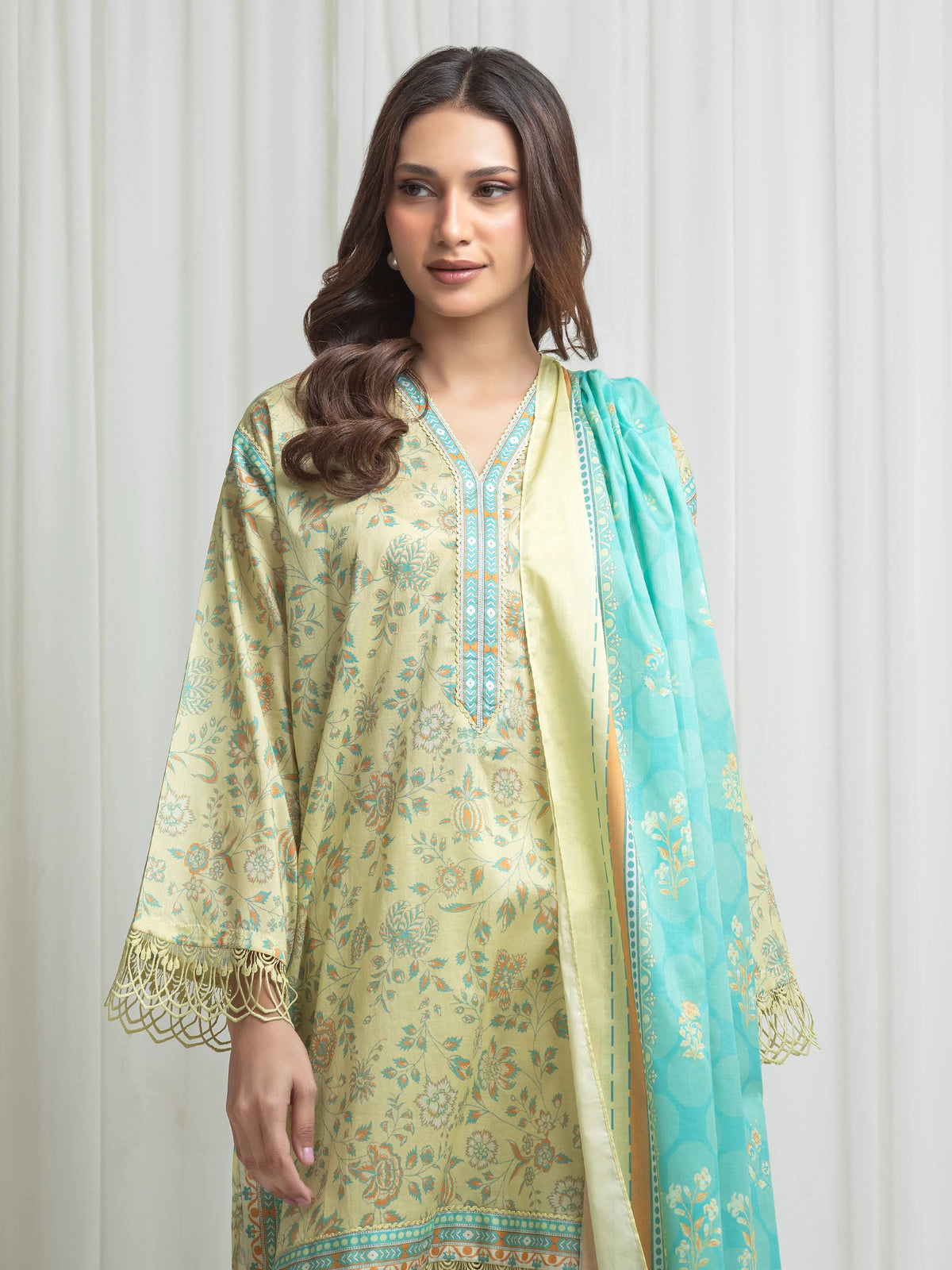 Edenrobe Allure Lime Yellow Lawn 3-Piece Suit | EWU6A1-36633-3P