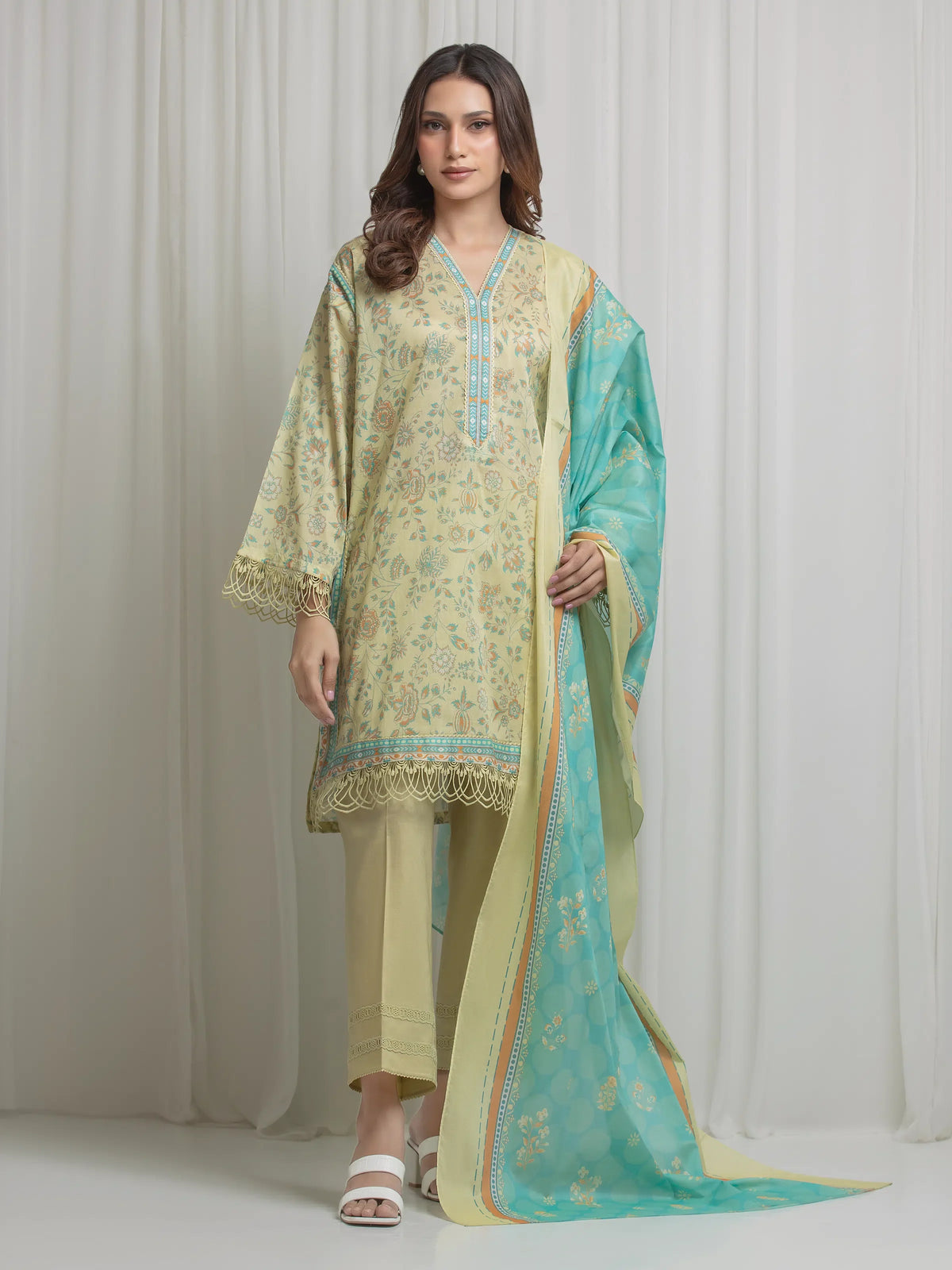 Edenrobe Allure Lime Yellow Lawn 3-Piece Suit | EWU6A1-36633-3P