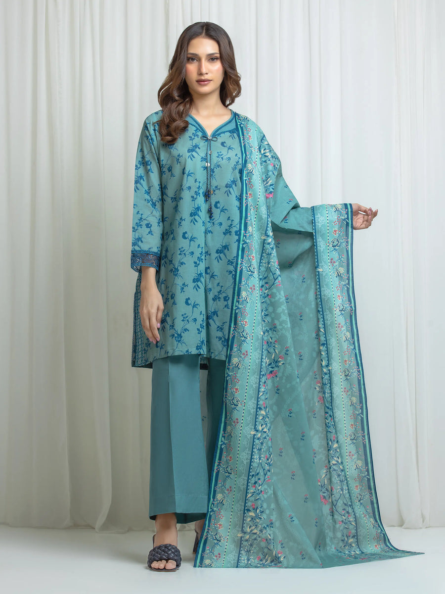 Edenrobe Allure Green Lawn 3-Piece Suit | EWU6A1-36690-3P