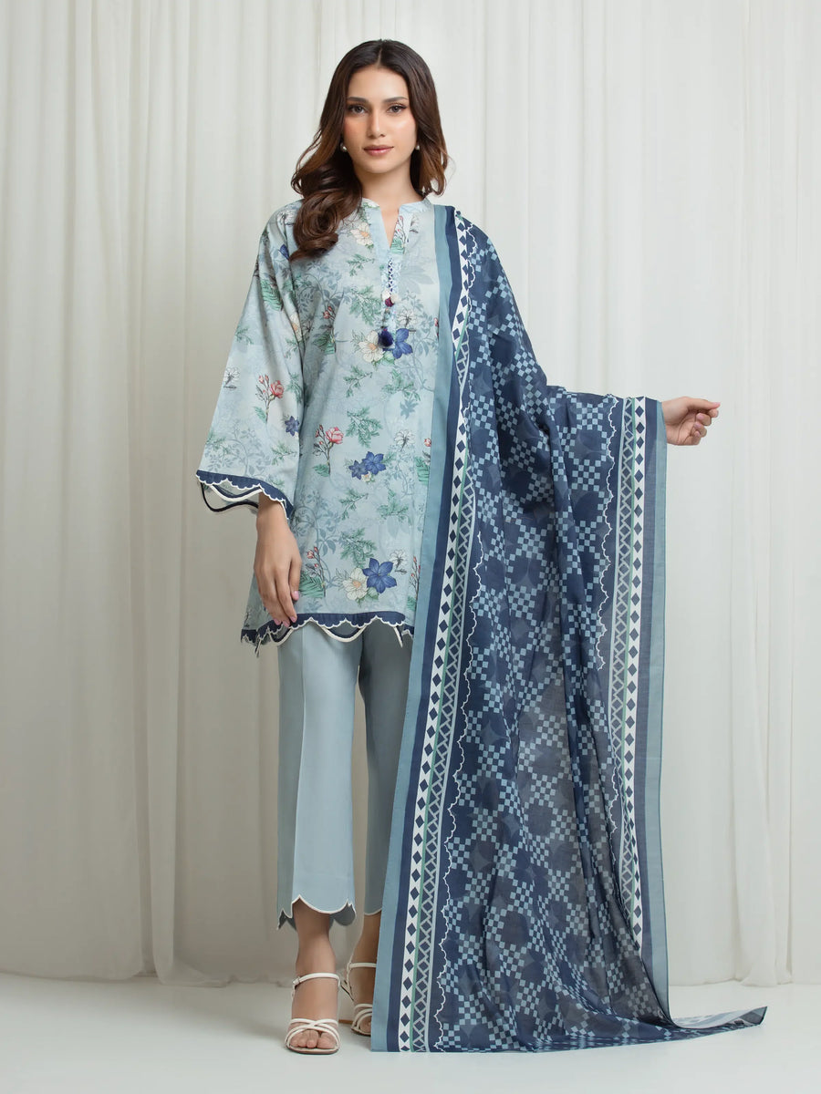 Edenrobe Allure Blue Lawn 3-Piece Suit | EWU6A1-36700-3P