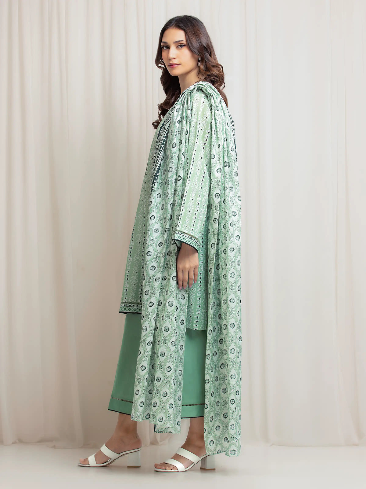 Edenrobe Allure Green Lawn 3-Piece Suit | EWU6A1-36689-3P