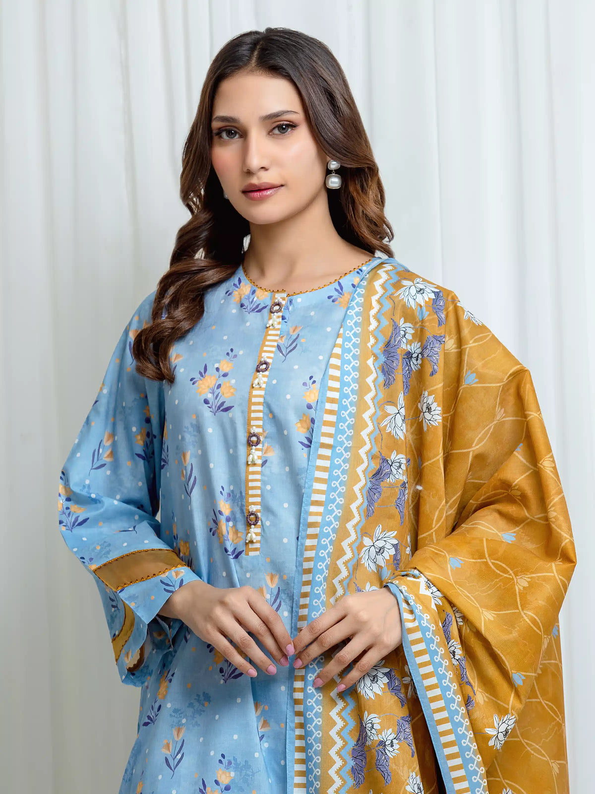 Edenrobe Allure Blue Lawn 3-Piece Suit | EWU6A1-36695-3P