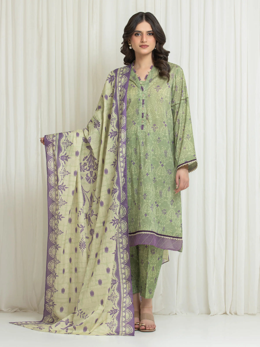 Edenrobe Allure Olive Lawn 3-Piece Suit | EWU6A1-36763-3P