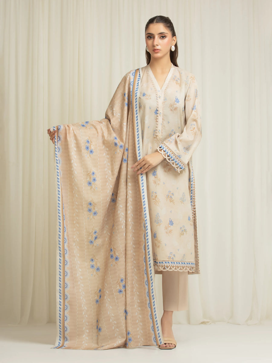 Edenrobe Allure Beige Lawn 3-Piece Suit | EWU6A1-36589-3P