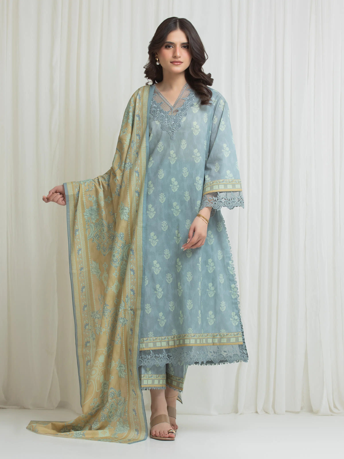 Edenrobe Allure Grey Lawn 3-Piece Suit | EWU6A1-36754-3P