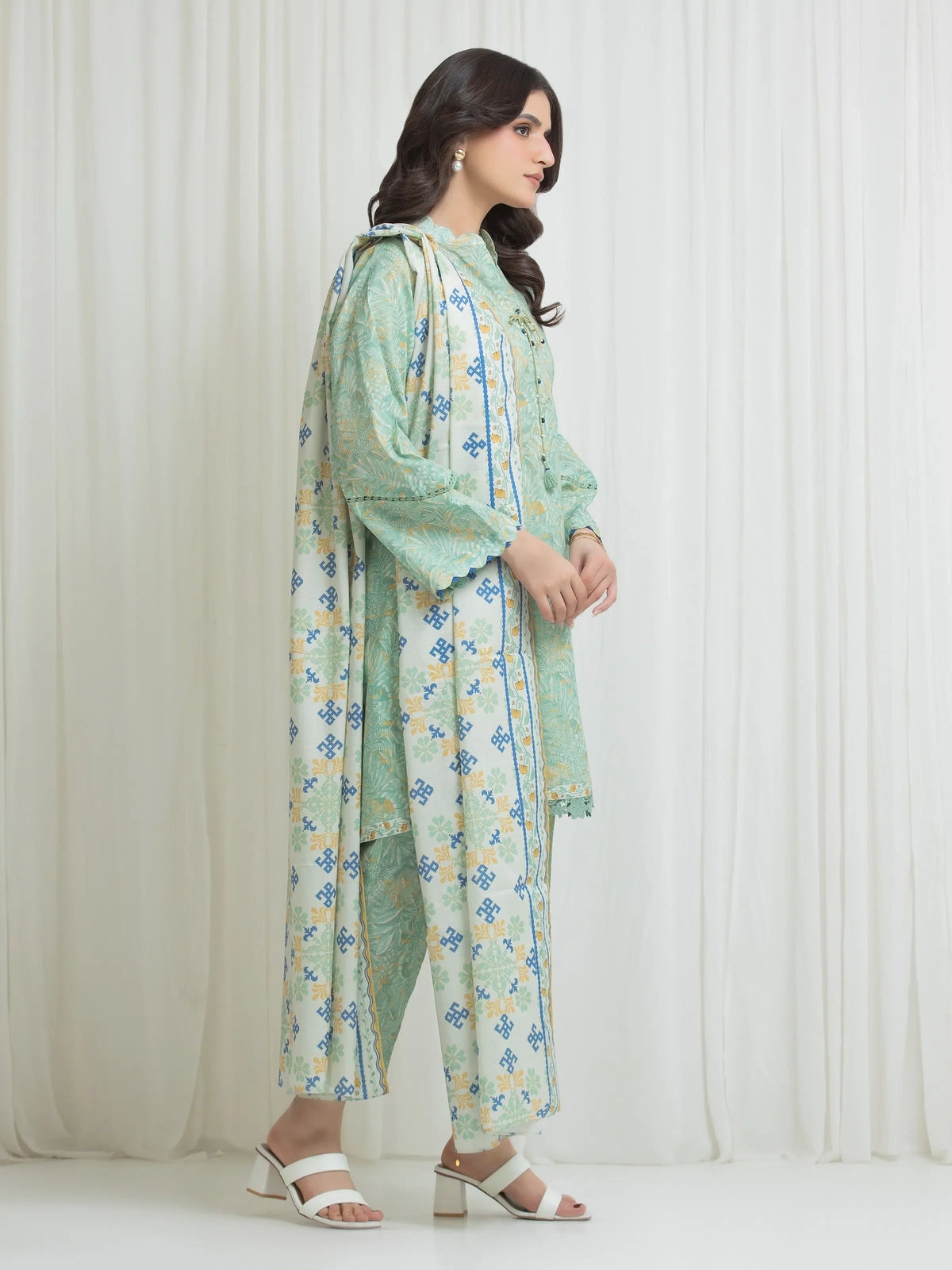 Edenrobe Allure Green Lawn 3-Piece Suit | EWU6A1-36772-3P