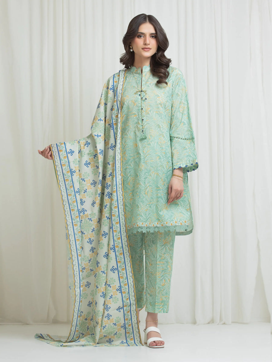 Edenrobe Allure Green Lawn 3-Piece Suit | EWU6A1-36772-3P