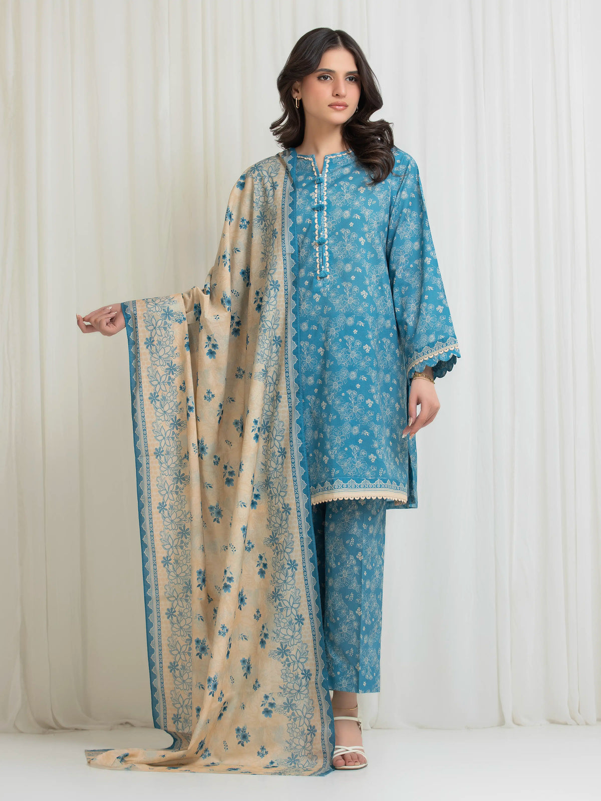 Edenrobe Allure Turquoise Lawn 3-Piece Suit | EWU6A1-36770-3P