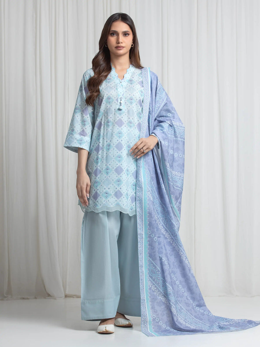 Edenrobe Allure Blue Lawn 3-Piece Suit | EWU6A1-36722-3P