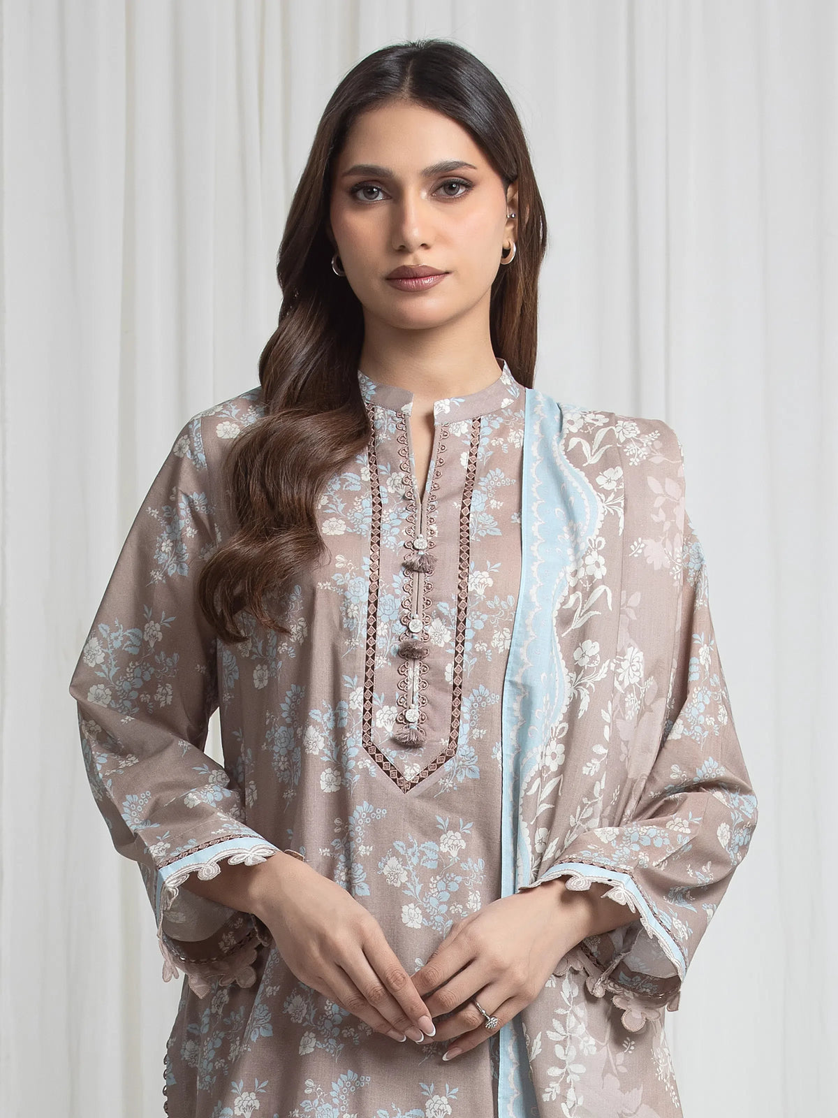 Edenrobe Allure Coffee Lawn 3-Piece Suit | EWU6A1-36719-3P
