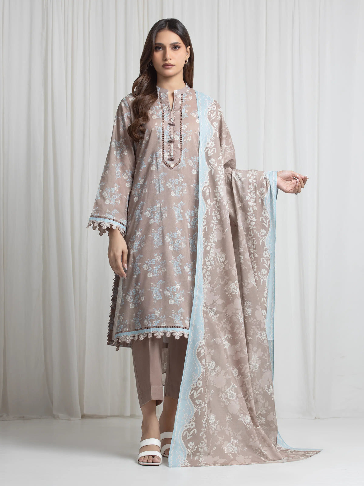 Edenrobe Allure Coffee Lawn 3-Piece Suit | EWU6A1-36719-3P