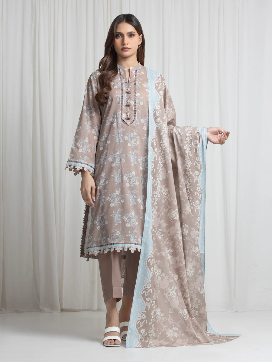 Edenrobe Allure Coffee Lawn 3-Piece Suit | EWU6A1-36719-3P