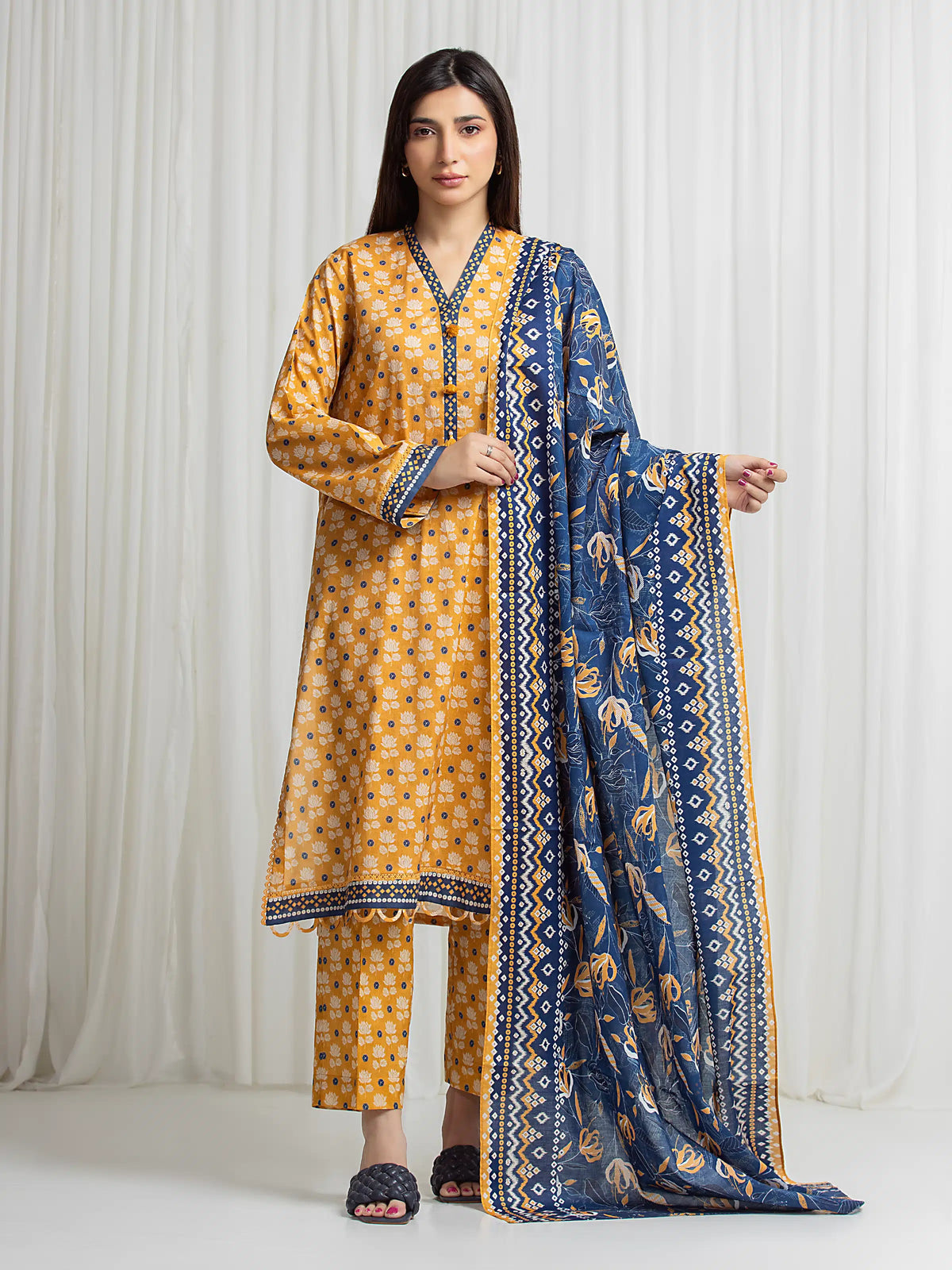 Edenrobe Allure Mustard Lawn 3-Piece Suit | EWU6A1-36767-3P
