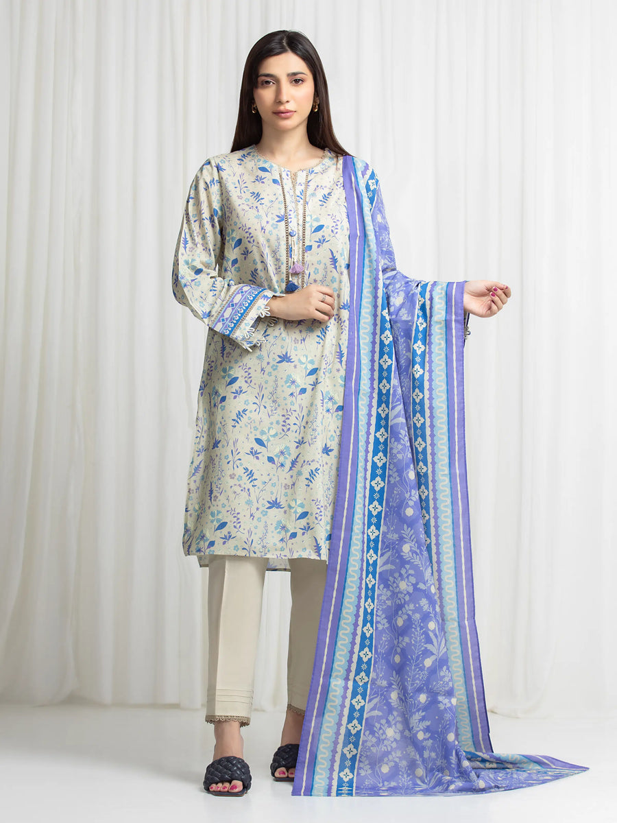 Edenrobe Allure Beige Lawn 3-Piece Suit | EWU6A1-36712-3P