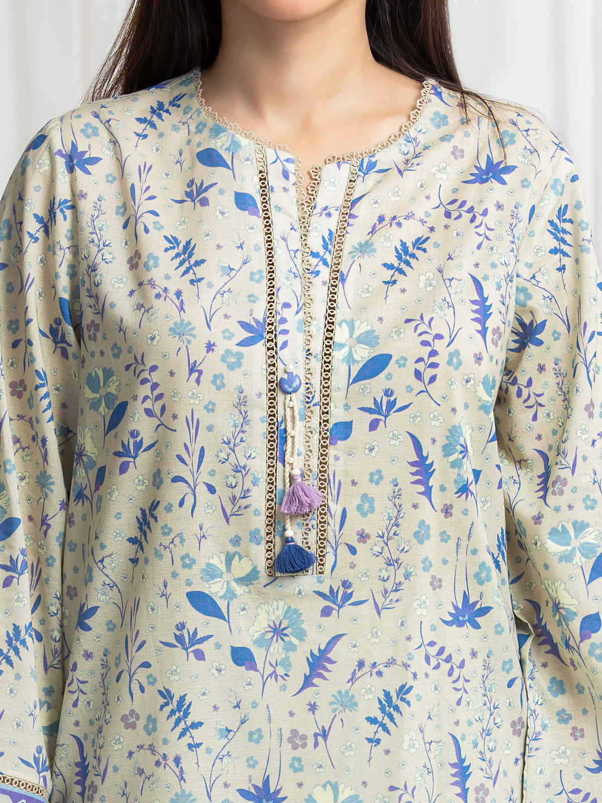 Edenrobe Allure Beige Lawn 3-Piece Suit | EWU6A1-36712-3P
