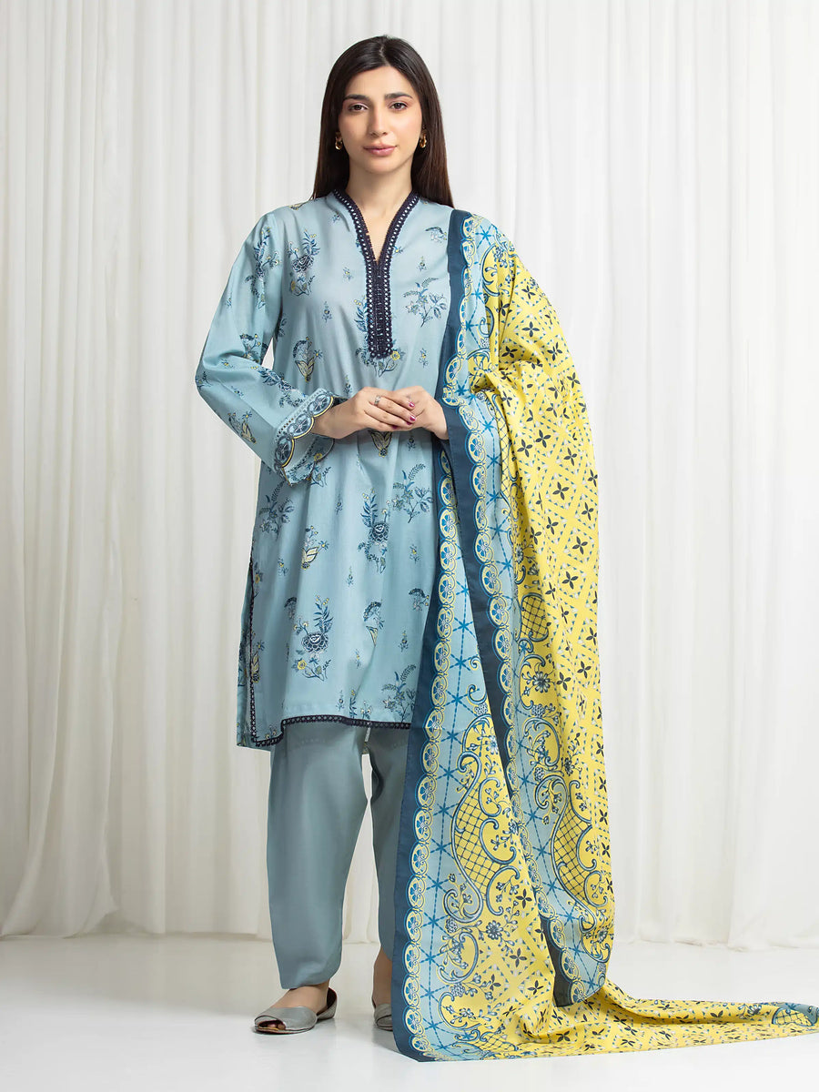 Edenrobe Allure Blue Lawn 3-Piece Suit | EWU6A1-36708-3P